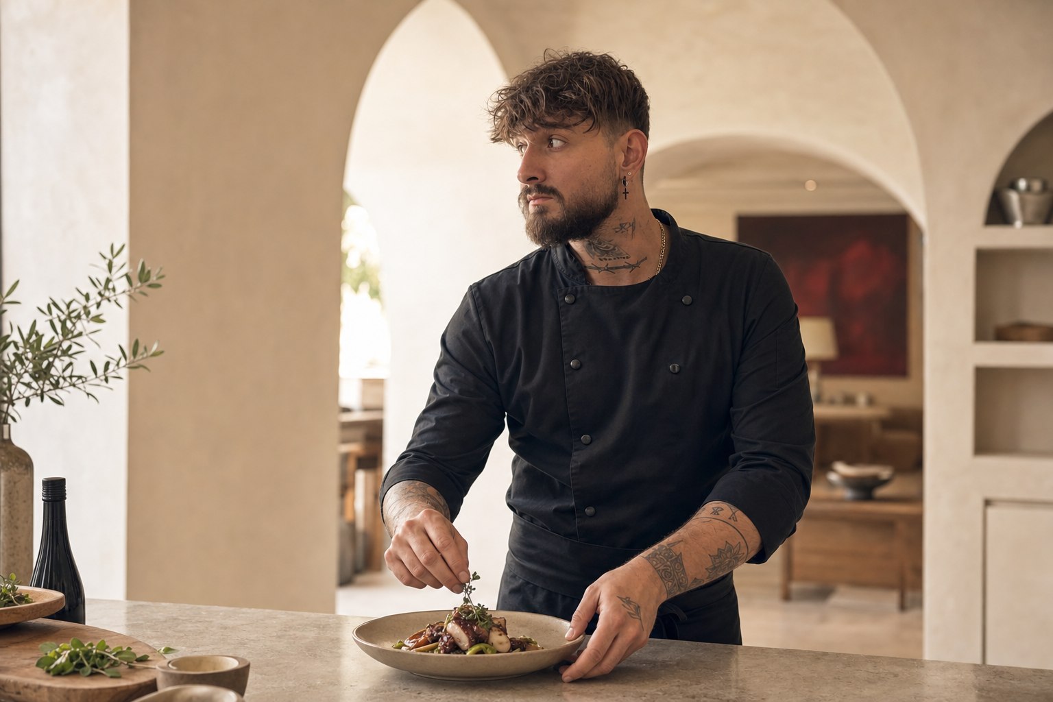 Stjepan Ivanac plating in a Mediterranean villa kitchen