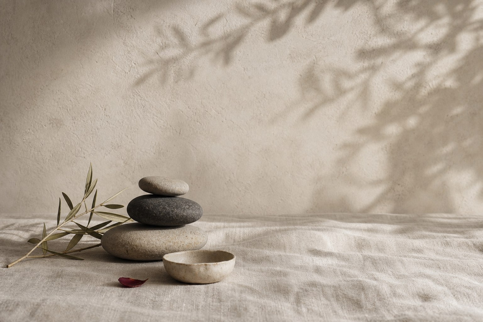 Ivory table still life with river stones and an olive branch