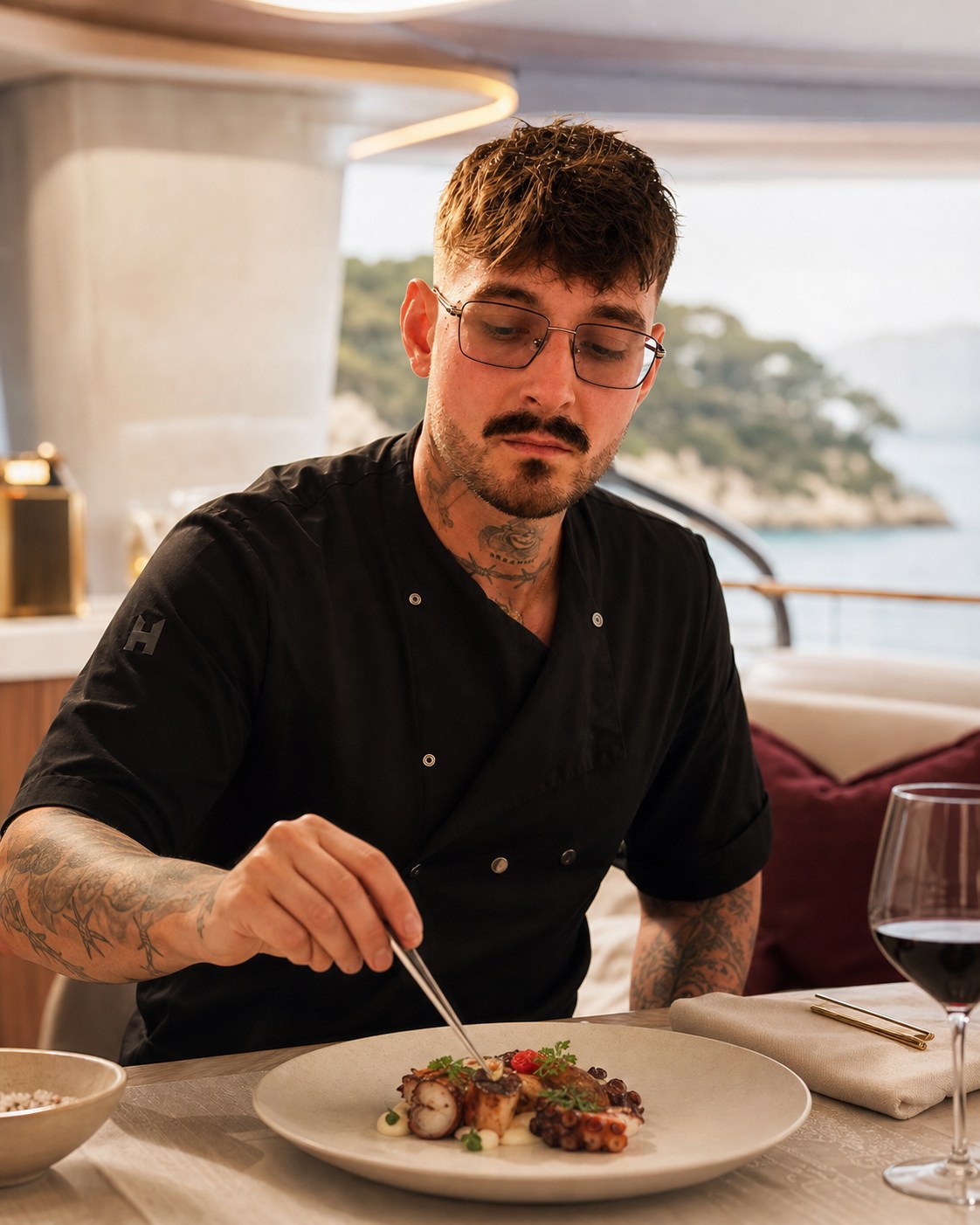 Private chef Stjepan Ivanac finishing a dish aboard a yacht