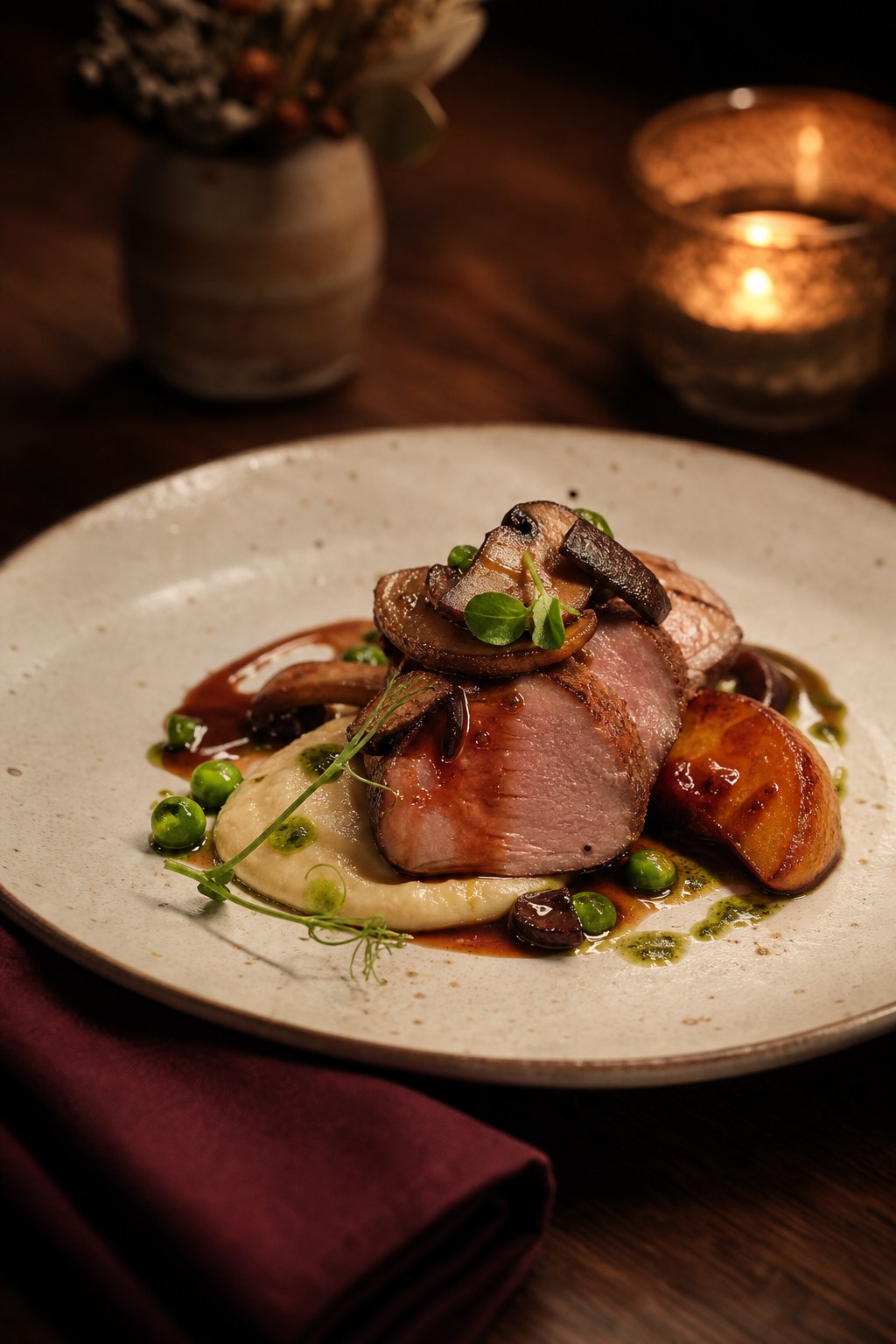 Autumn meat and mushroom course on warm walnut