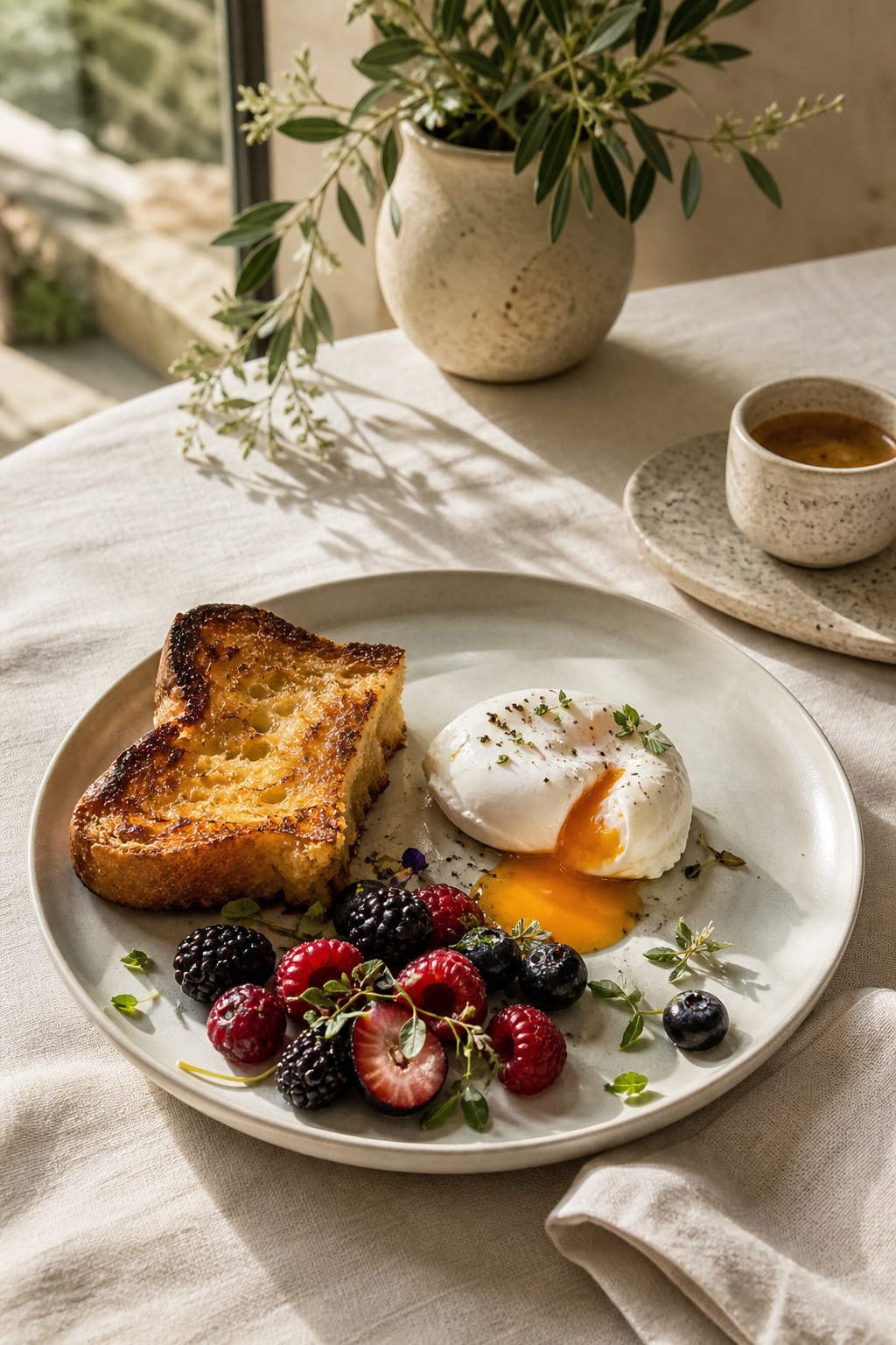 Elevated breakfast with brioche, soft egg and seasonal berries