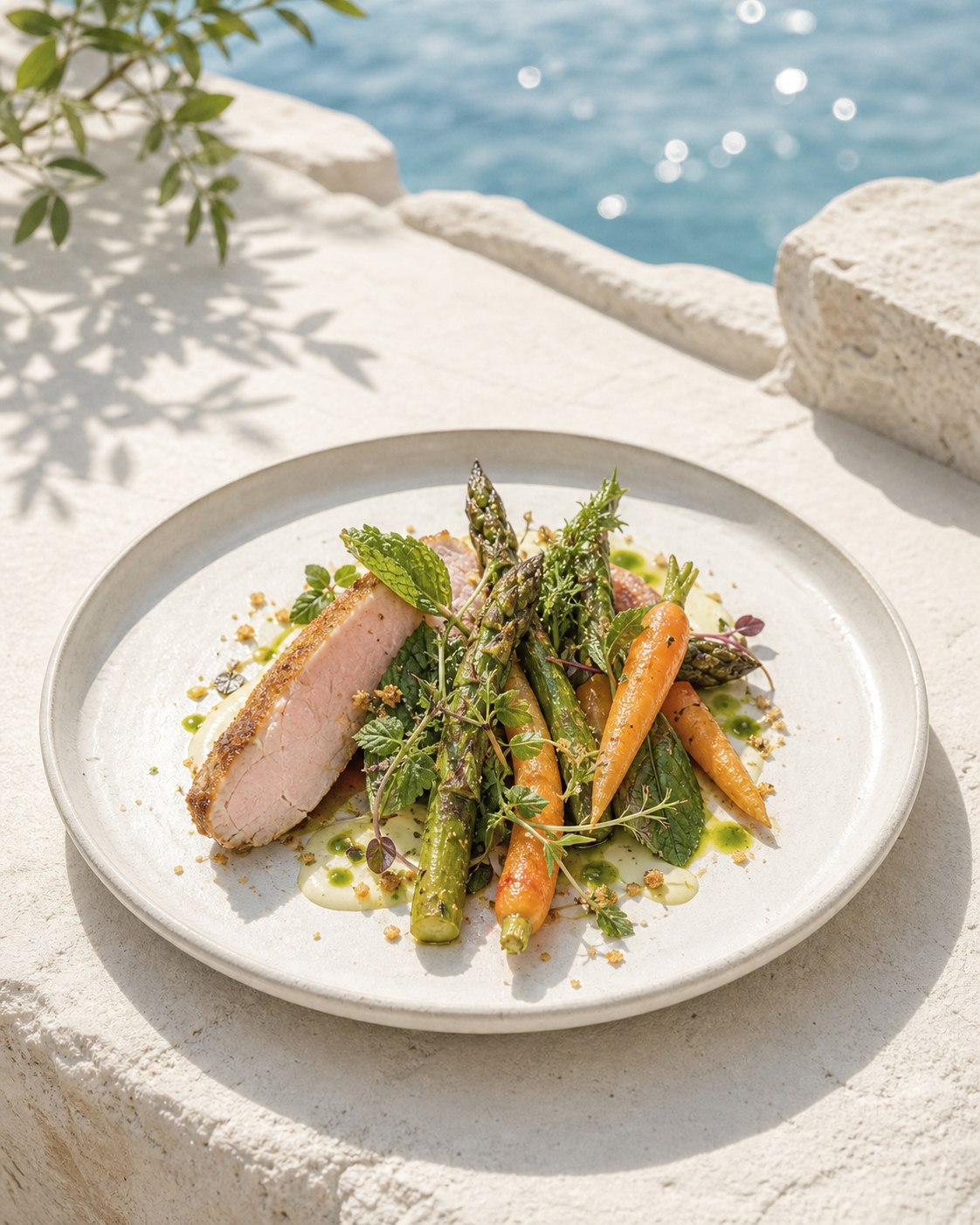Bright summer course with asparagus and young carrots by the sea