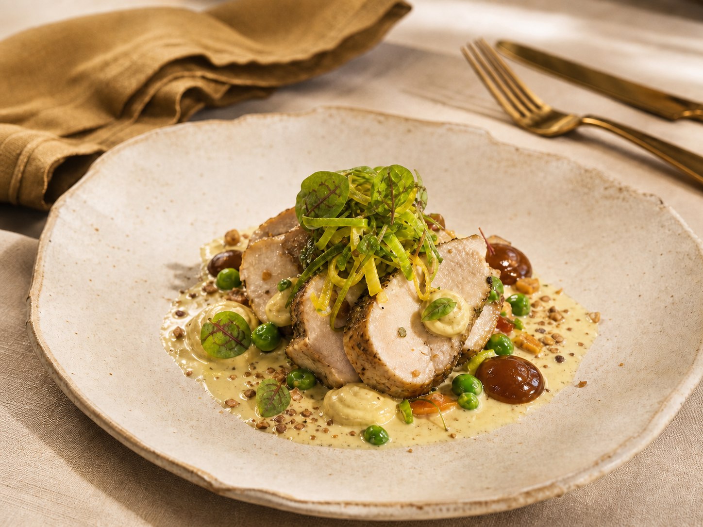 Roasted meat course on ivory linen with a golden-beige accent