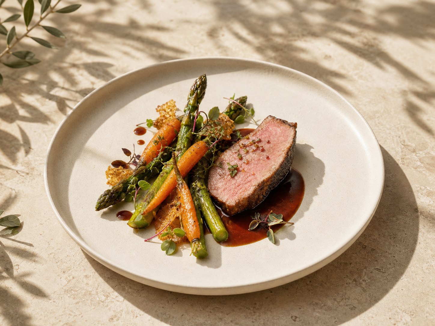 Asparagus and young carrot course on sunlit travertine