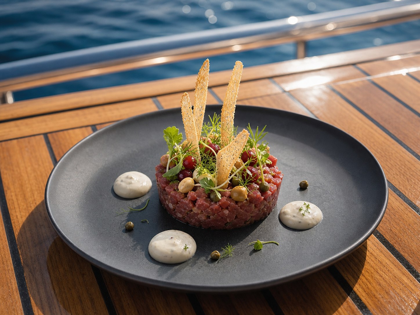 Hand-cut tartare course served on a yacht teak table