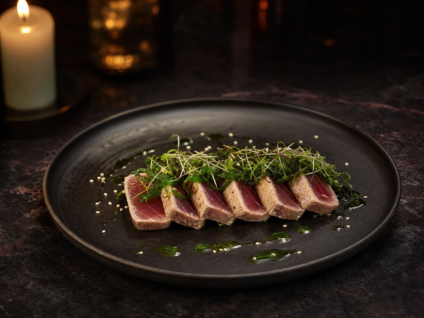 Seared tuna course on charcoal stone by candlelight