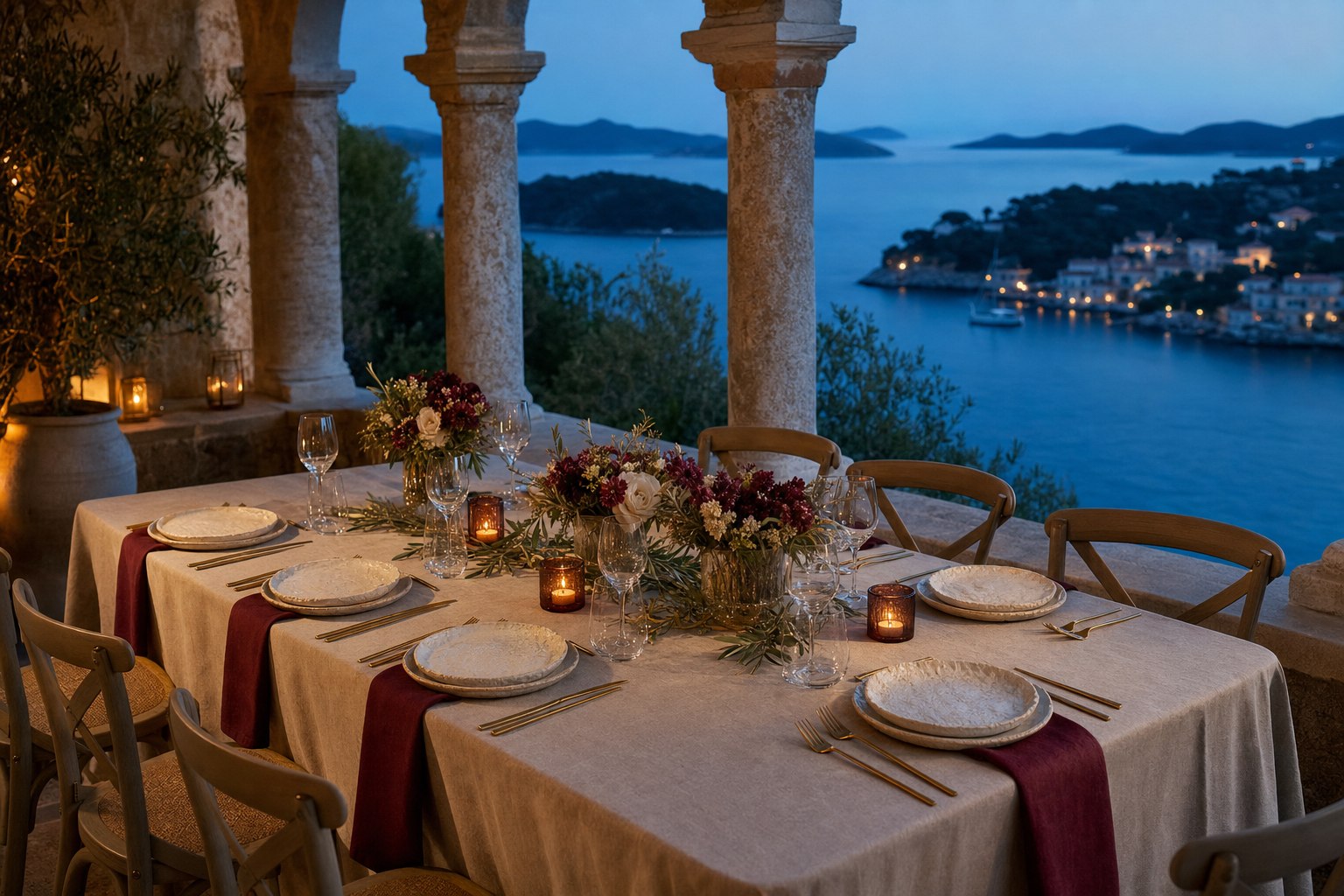 Private dining table overlooking the Adriatic at blue hour
