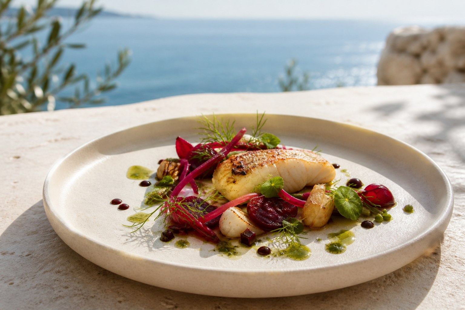 Seasonal fish course on pale limestone above the Adriatic