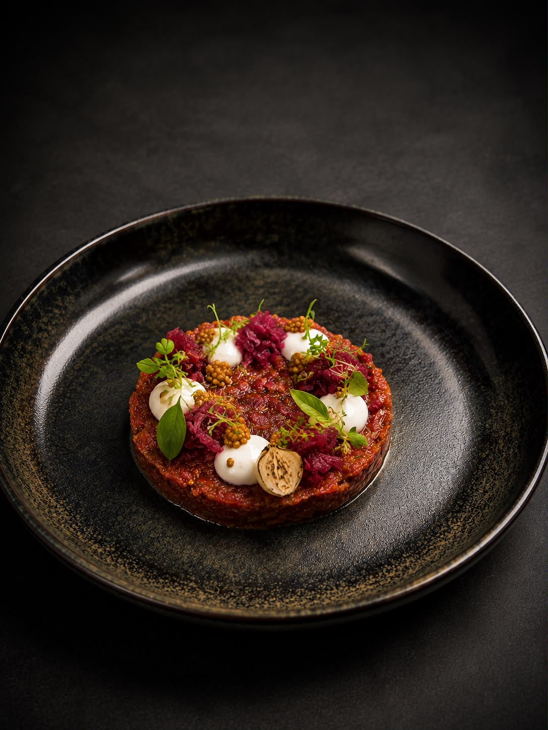 A composed tartare course with herbs and mustard seeds