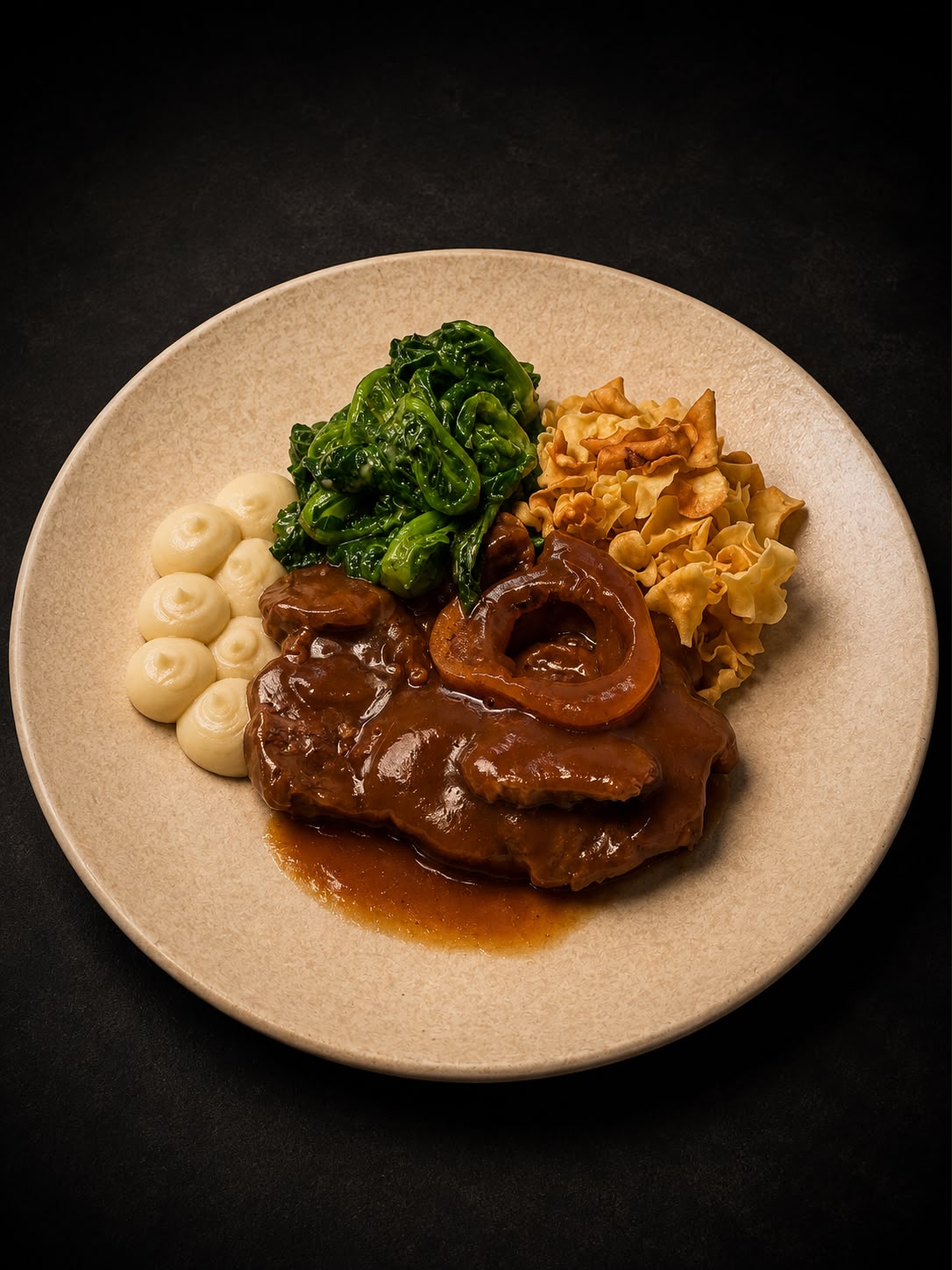 A slow-cooked meat course with greens and crisp pasta