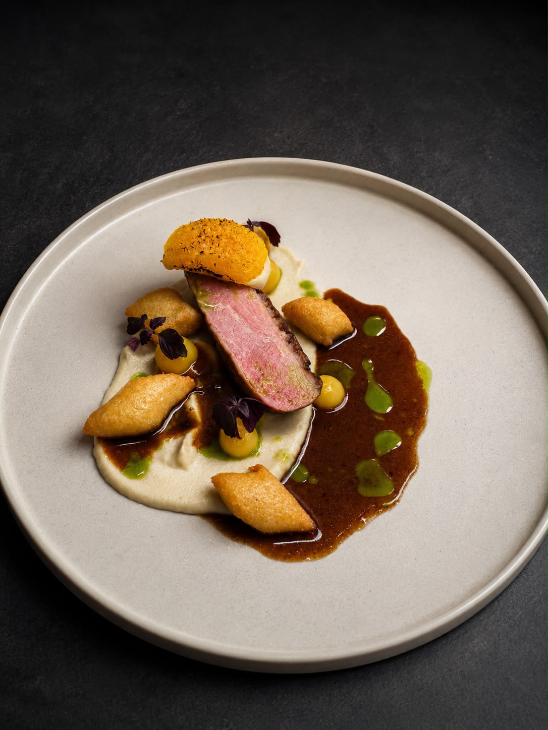 A refined meat course with seasonal garnishes