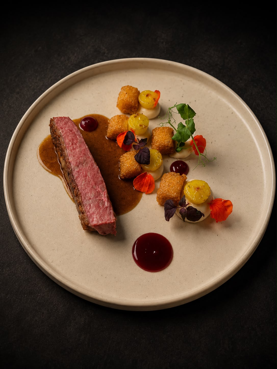 A refined private dining meat course with seasonal garnishes