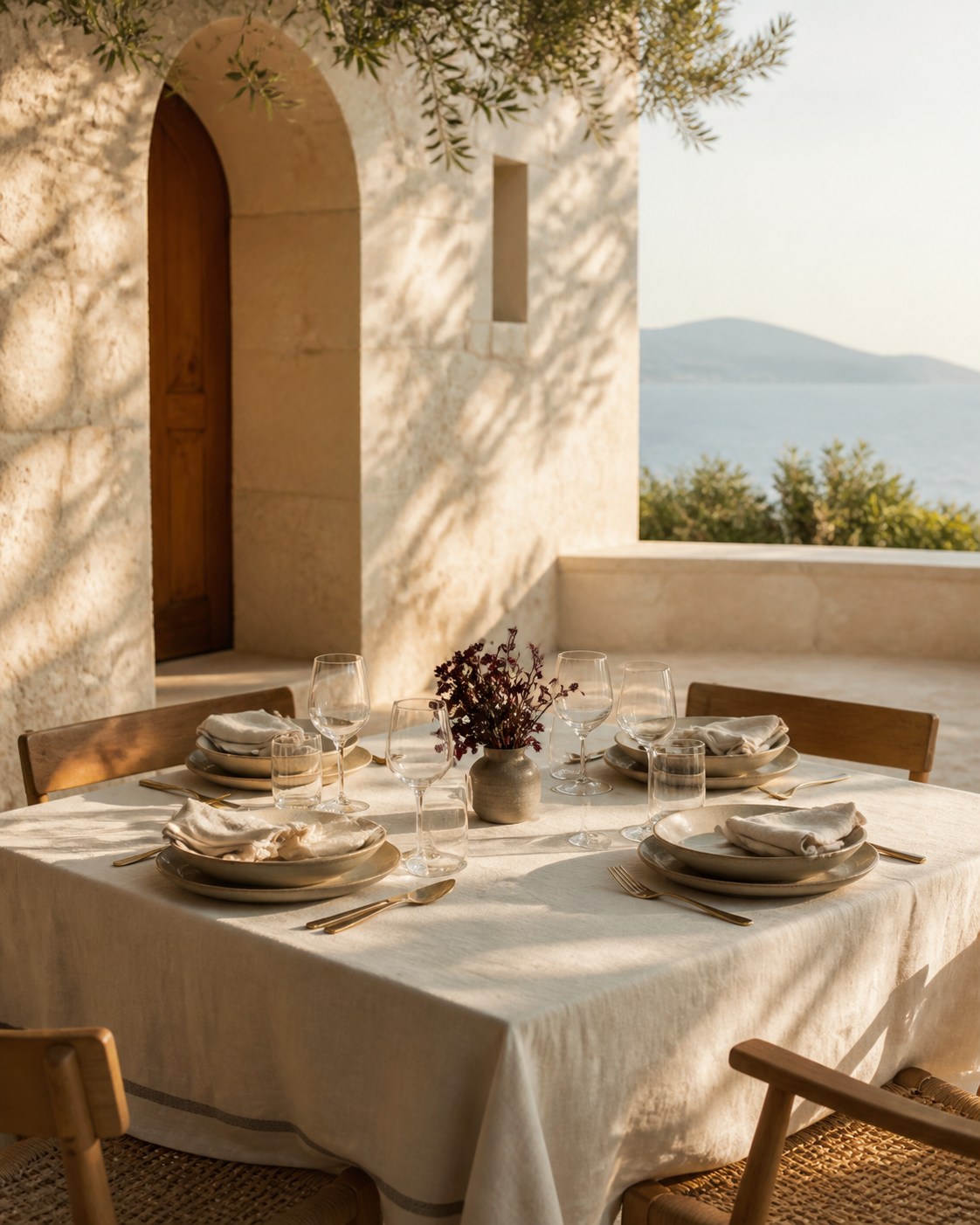 An intimate table prepared on a Mediterranean villa terrace