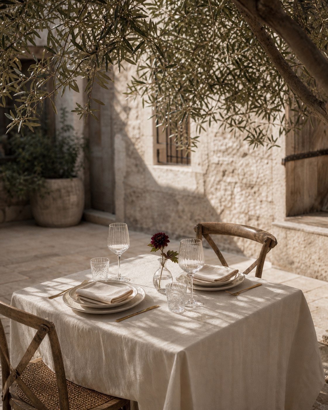 Intimate private villa table beneath olive branches